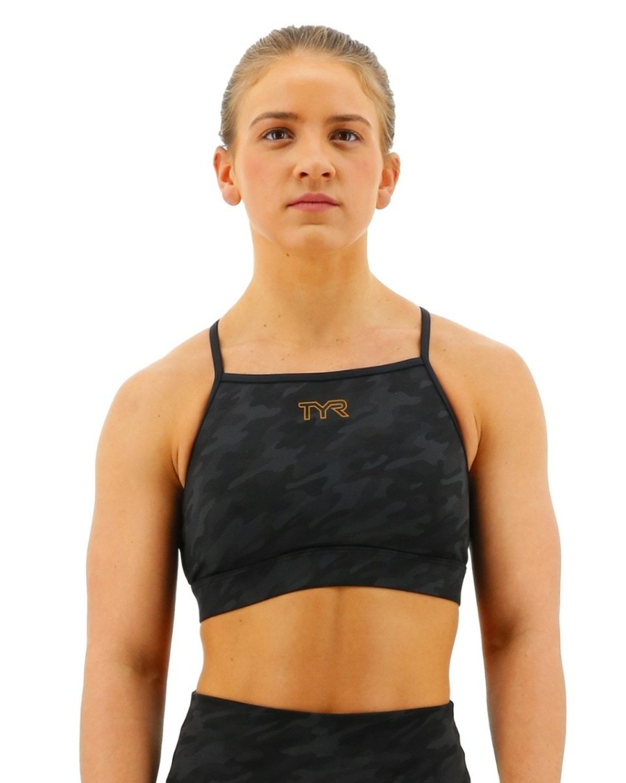 Women TYR Sport Sports Bras | Tyr Base Kinetic Women'S High Neck Sports Bra - Blackout Camo