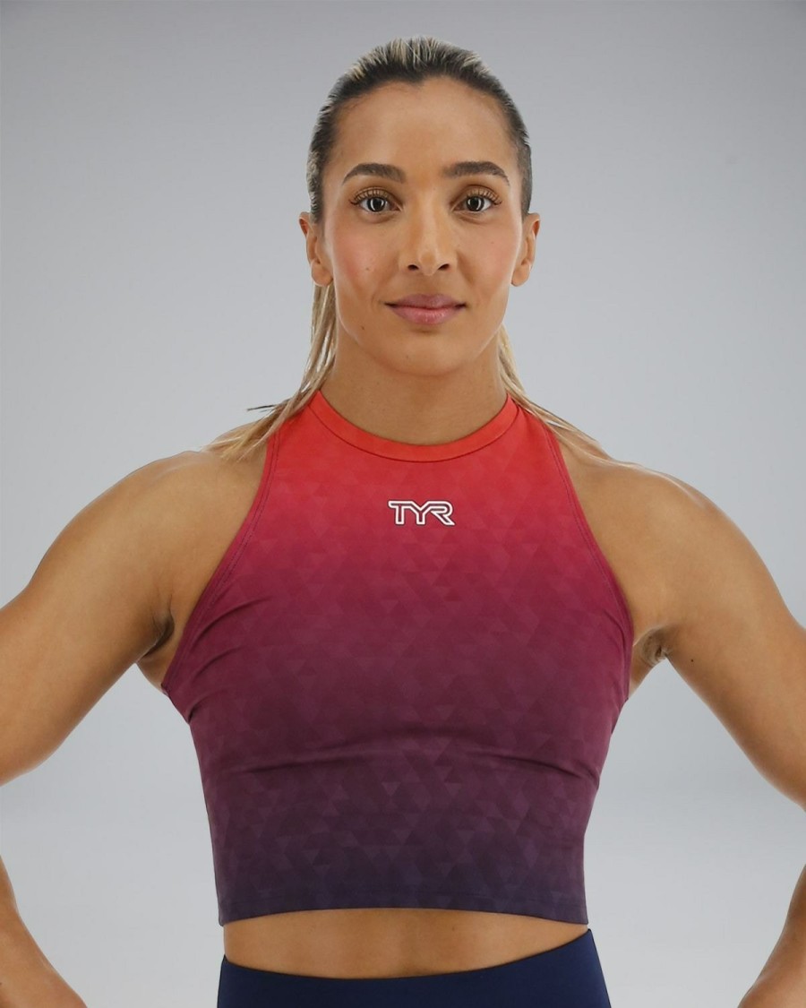 Women TYR Sport Shirts | Tyr Base Kinetic Women'S Cropped High Neck Tank - Ember