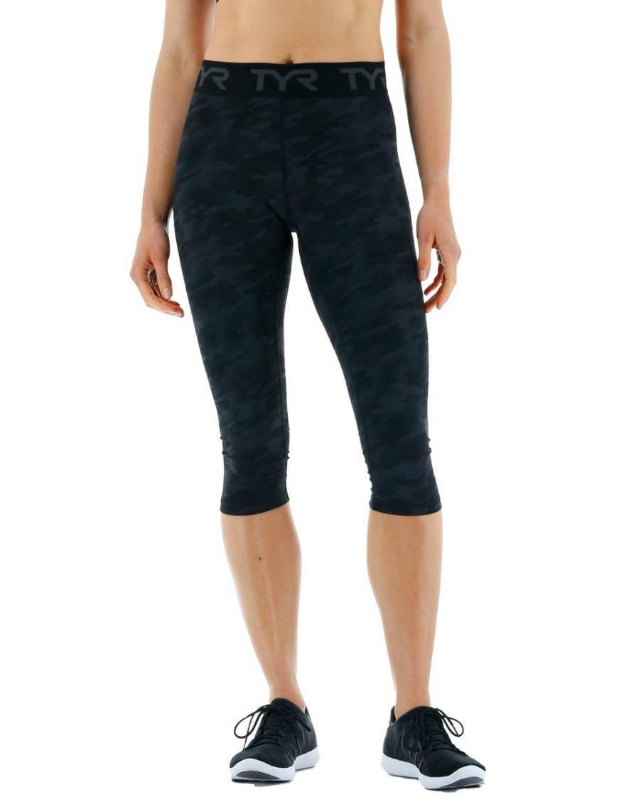 Women TYR Sport Leggings | Tyr Base Kinetic Women'S Mid-Rise Logo 18" Leggings - Blackout Camo