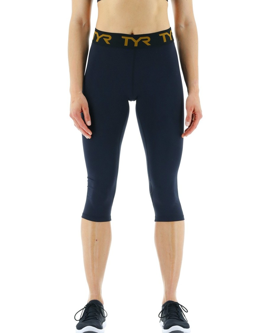 Women TYR Sport Leggings | Tyr Base Kinetic Women'S Mid-Rise Logo 18" Leggings - Solid