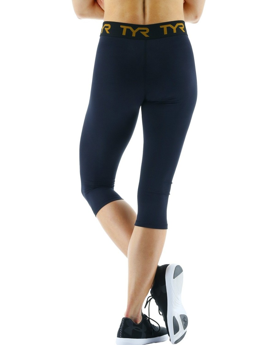 Women TYR Sport Leggings | Tyr Base Kinetic Women'S Mid-Rise Logo 18" Leggings - Solid