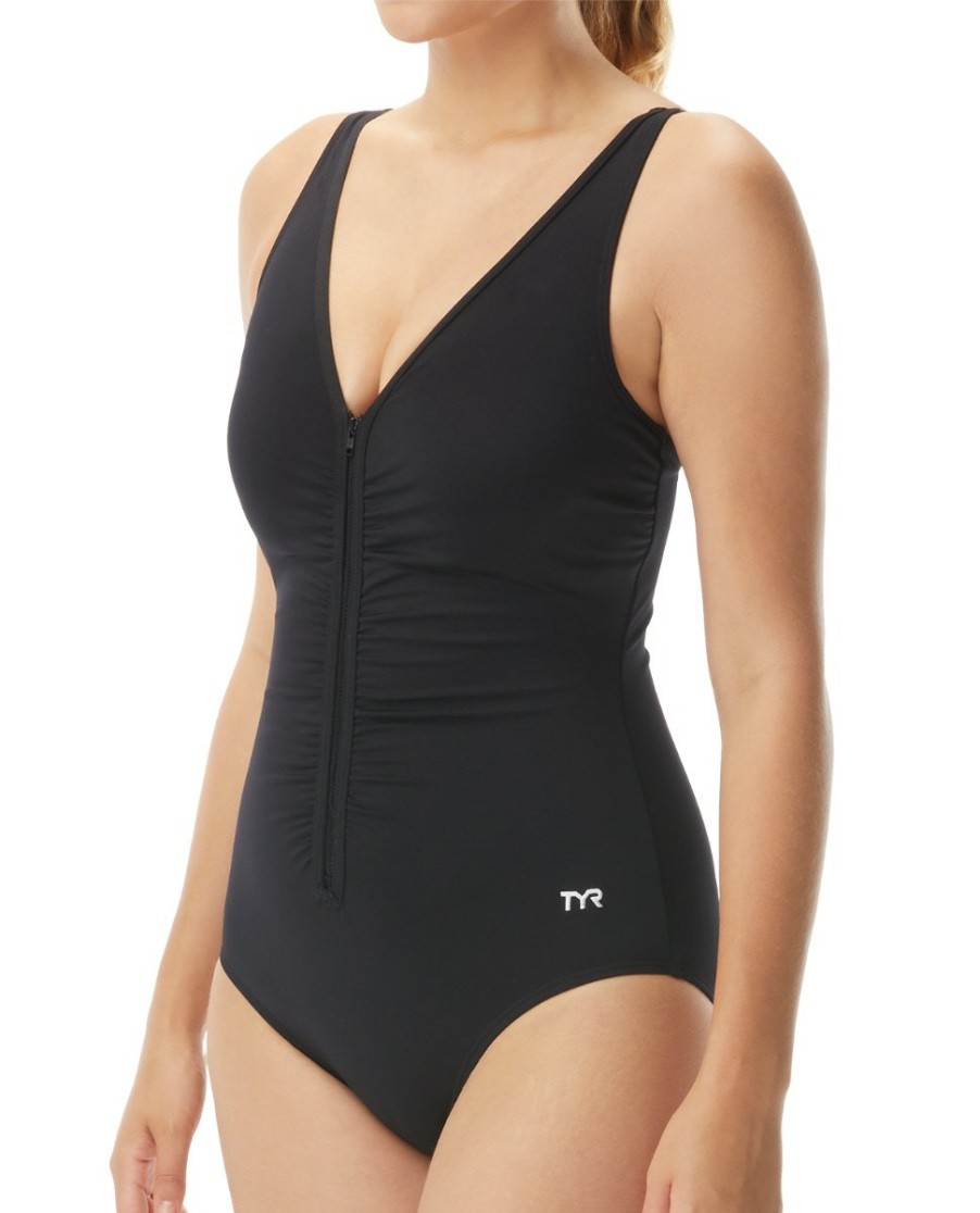 Women TYR Sport One Piece|Controlfit Suits | Tyr Durafast Elite® Women'S V-Neck Zip Controlfit Swimsuit - Solid